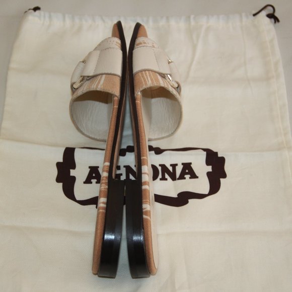 AGNONA Made in Italy Sandals Slides Flats Cream Leather Tan Canvas Size EU 38 - Picture 10 of 11